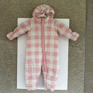 Eddie Bauer Infant Girls Pink Checkered Puffer Snowsuit 6-9M Hooded Sherpa Lined